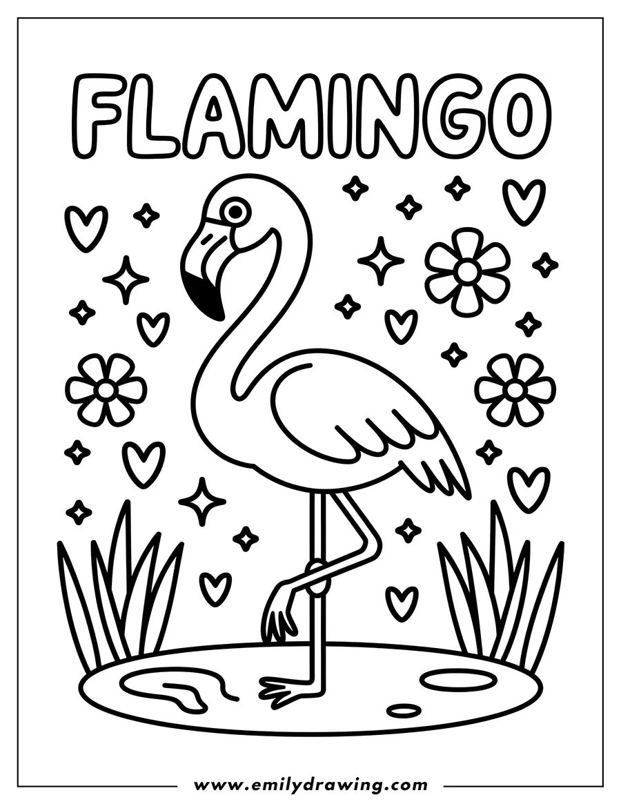 Outline of a flamingo standing on one leg in shallow water, surrounded by flowers, hearts, and sparkles.