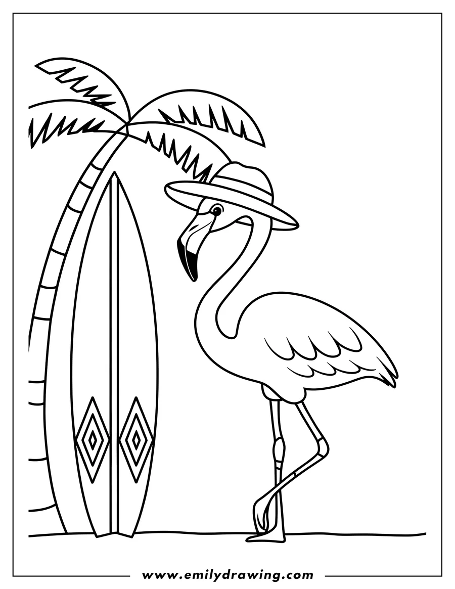 Outline of a flamingo wearing a hat, standing next to a surfboard and palm tree.