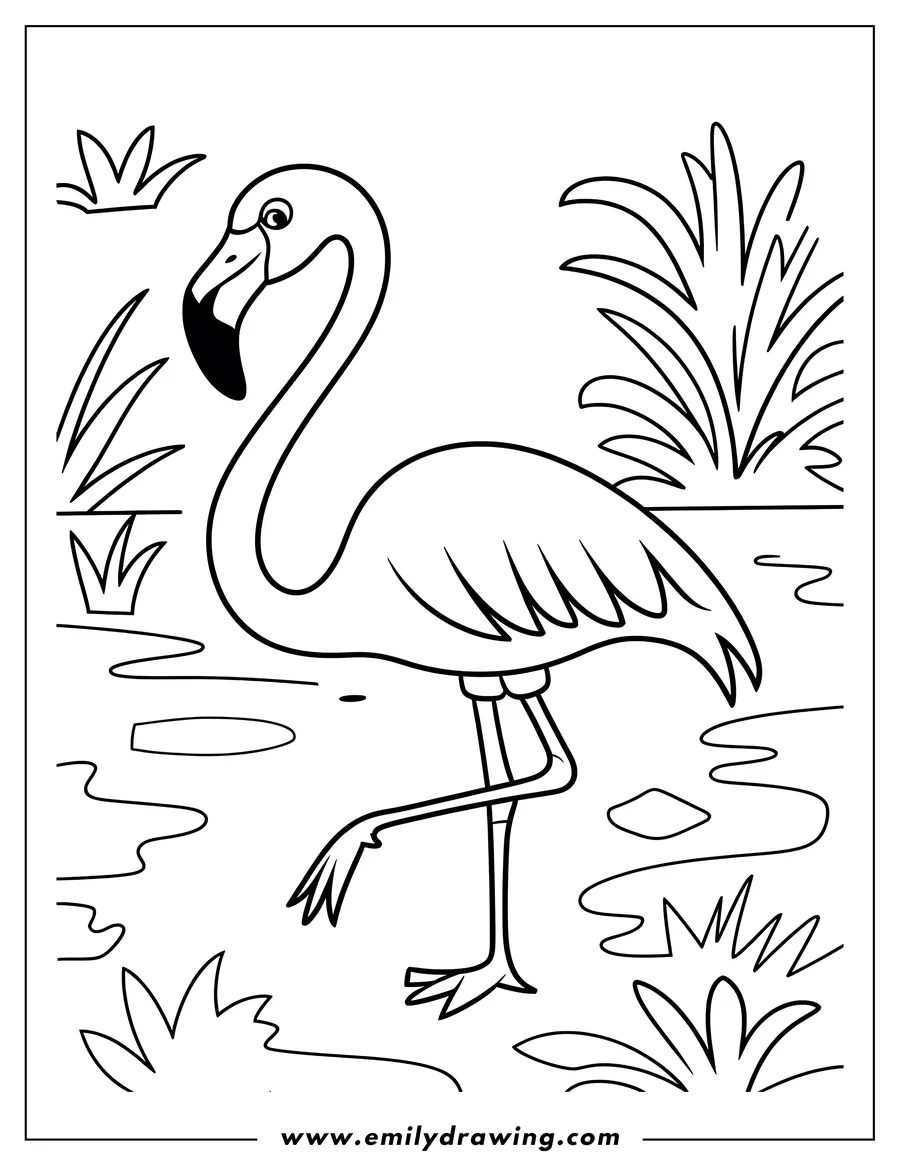 Line art of a flamingo standing on one leg in a swampy area. Grasses and water surround the bird.