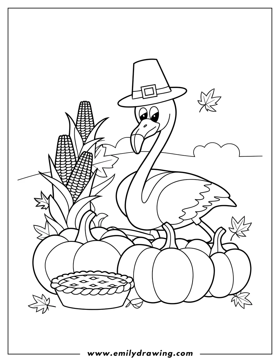 Outline of a flamingo wearing a pilgrim hat, surrounded by pumpkins, corn, and a pie for Thanksgiving.