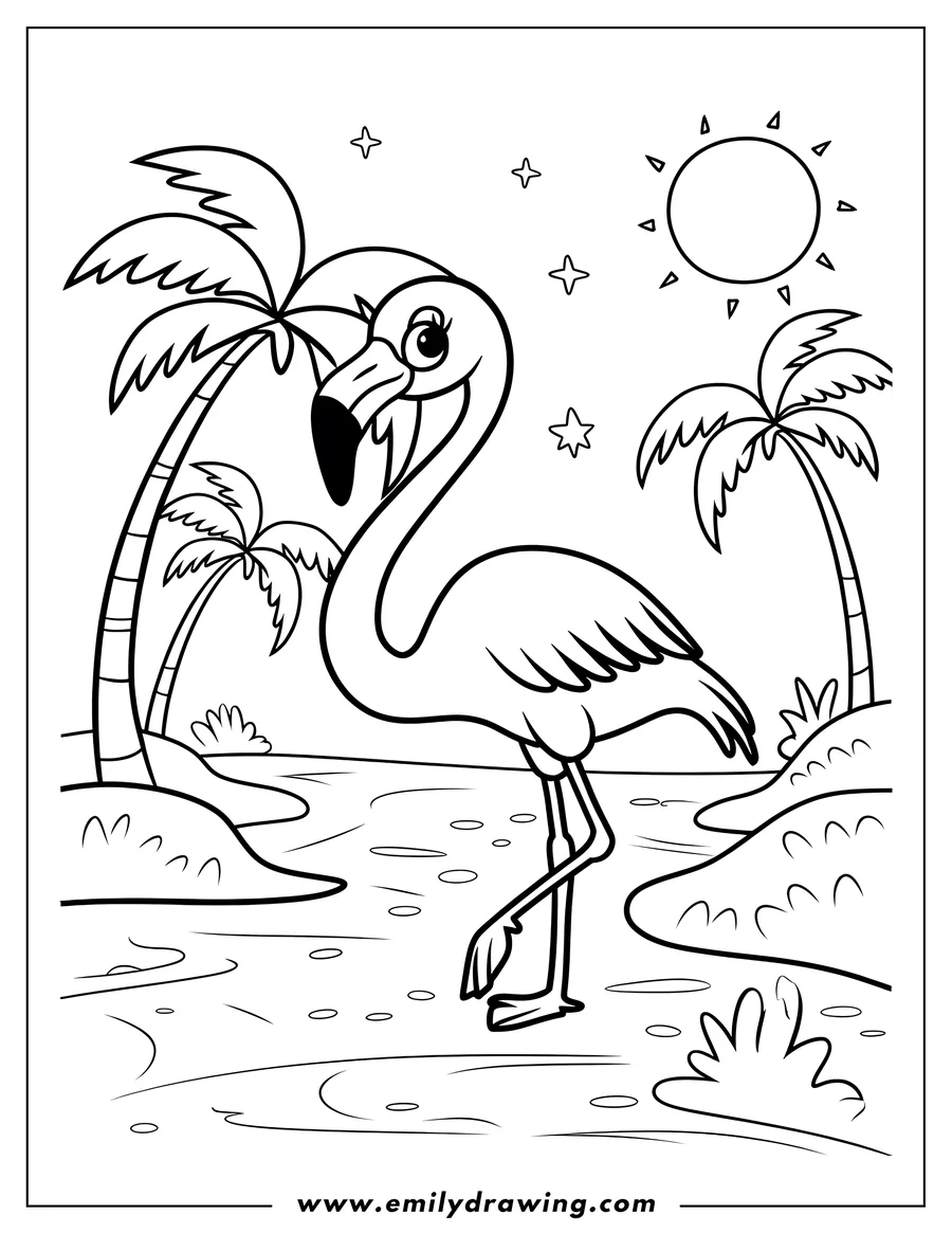 Outline of a flamingo standing on a tropical beach with palm trees, sun, and water.