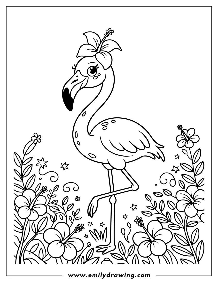 Outline of a flamingo standing on one leg in a garden of hibiscus flowers and tropical leaves, wearing a hibiscus flower crown.