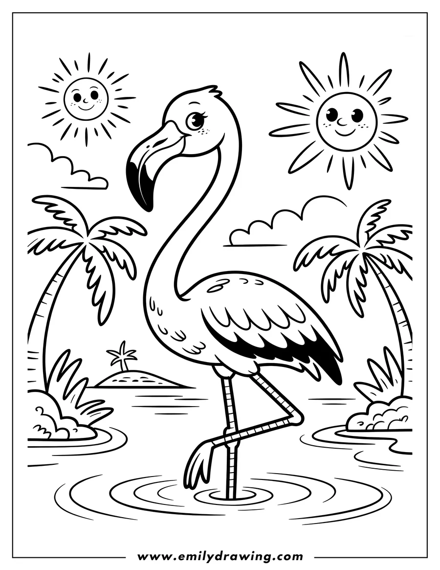 Outline of a flamingo standing on one leg in a tropical lagoon, with palm trees and small islands in the background.