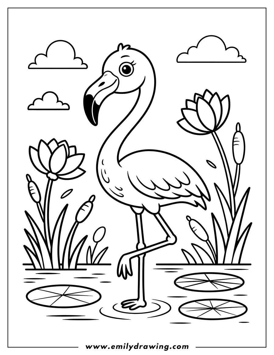 Outline of a flamingo standing in water near water lilies and cattails. Clouds float in the background.