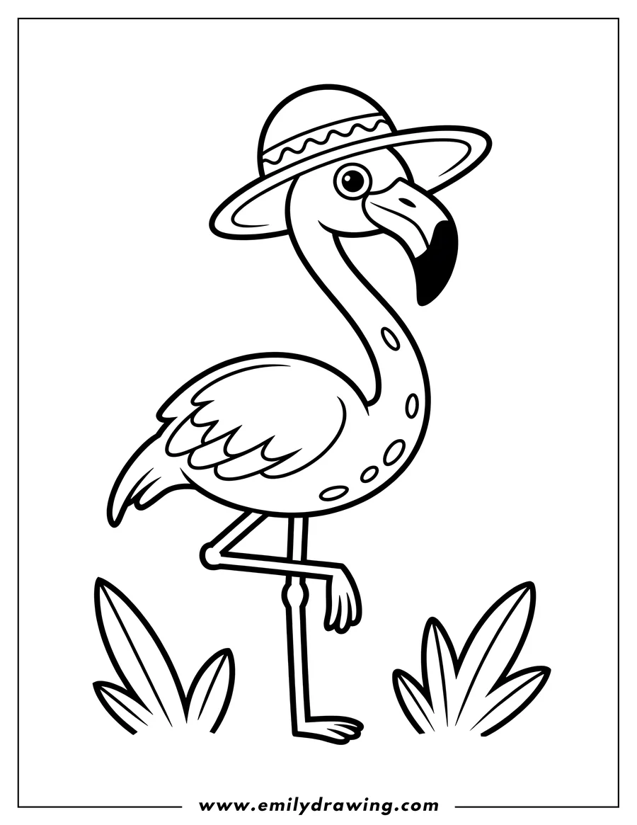 Line art of a flamingo wearing a large brimmed hat, standing on one leg.