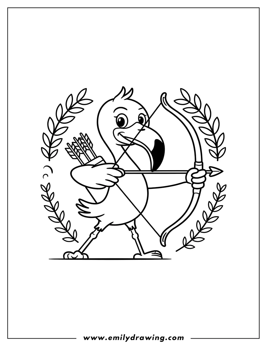 Line art of a flamingo holding a bow and arrow, ready to aim. It has a quiver of arrows on its back and looks focused, perhaps aiming for a target.