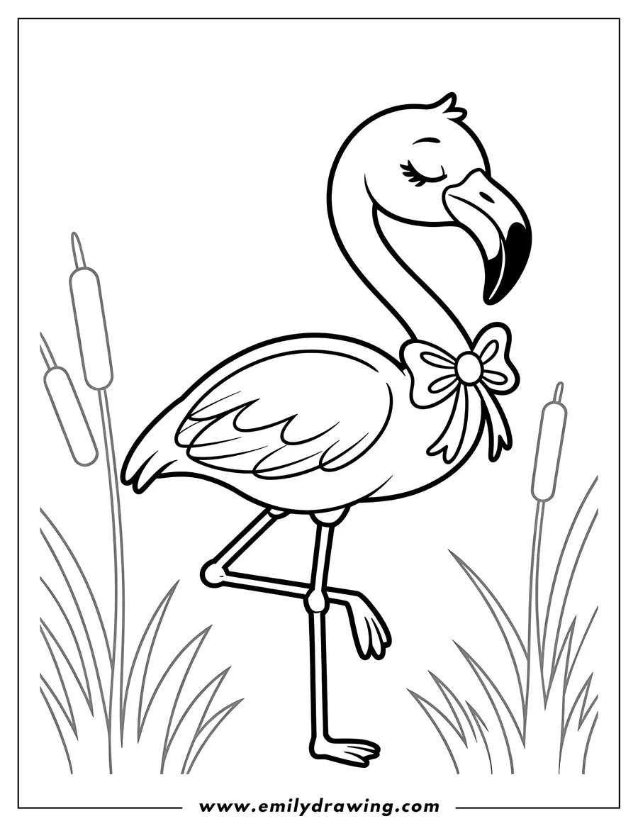 Outline of a flamingo with a bow tied around its neck, standing on one leg amongst reeds and grass.