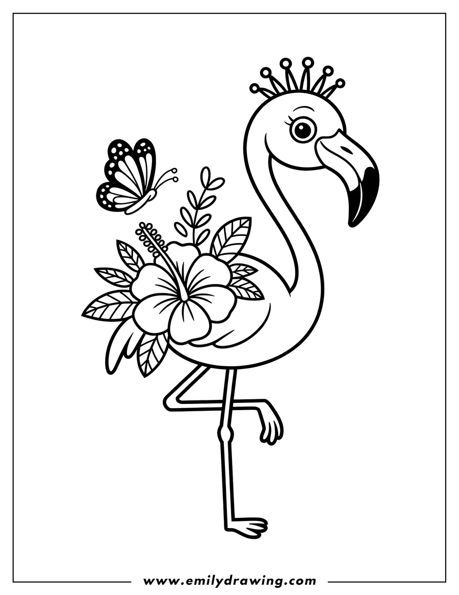 Outline of a flamingo wearing a crown, standing next to a hibiscus flower and butterfly.