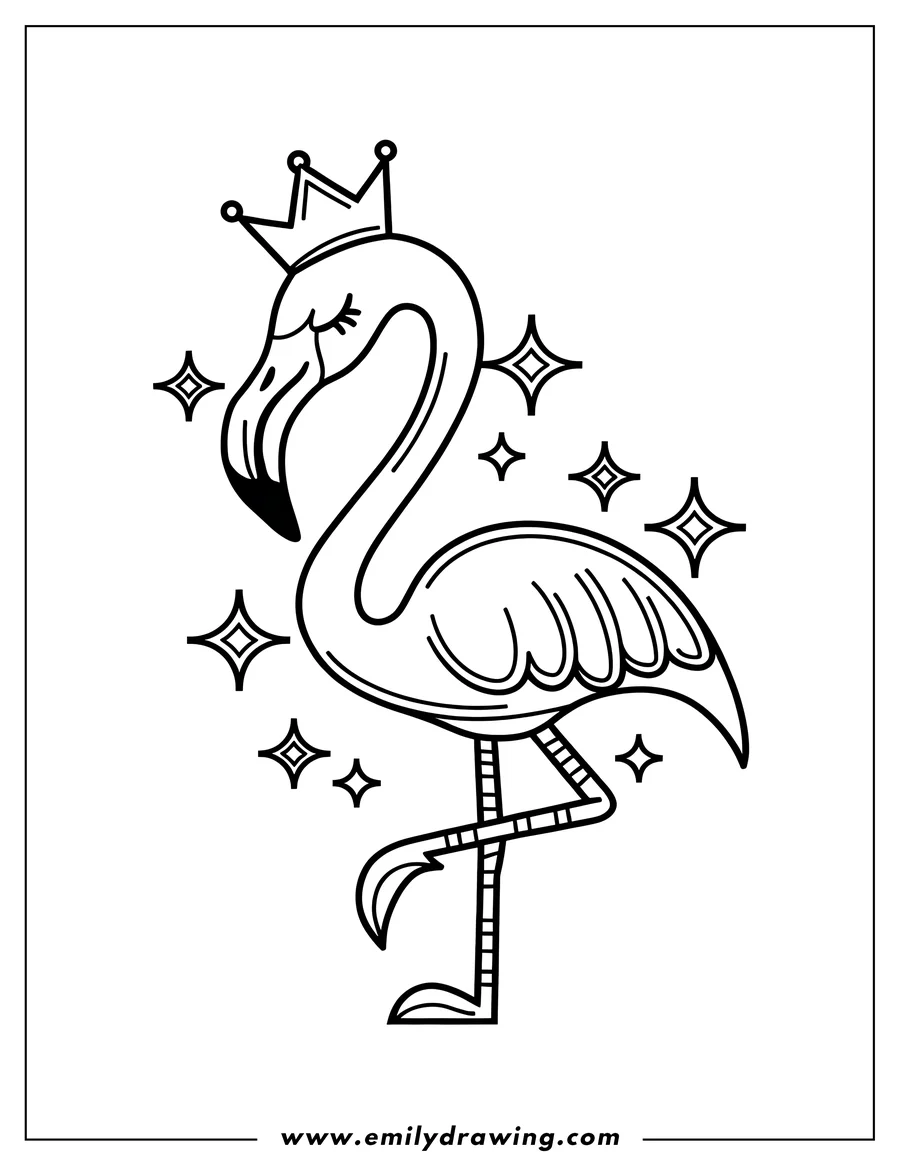 Outline of a flamingo wearing a crown, surrounded by sparkles.