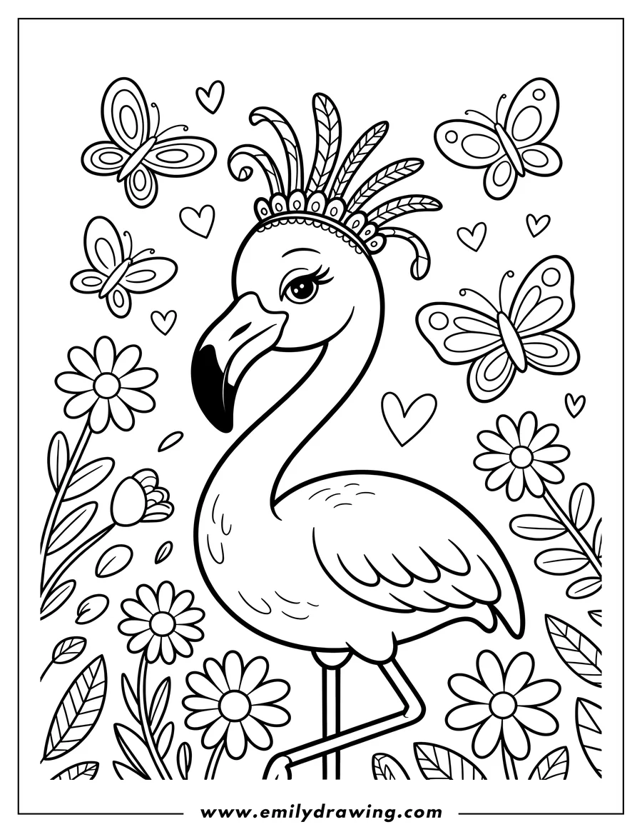 Outline of a flamingo wearing a feathered headdress, surrounded by flowers and butterflies.