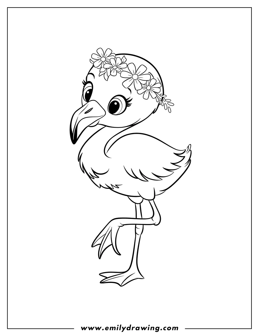 Outline of a flamingo wearing a crown of flowers, standing on one leg.