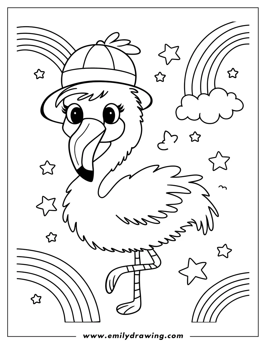 Outline of a flamingo wearing a hat, surrounded by rainbows, stars, and clouds.