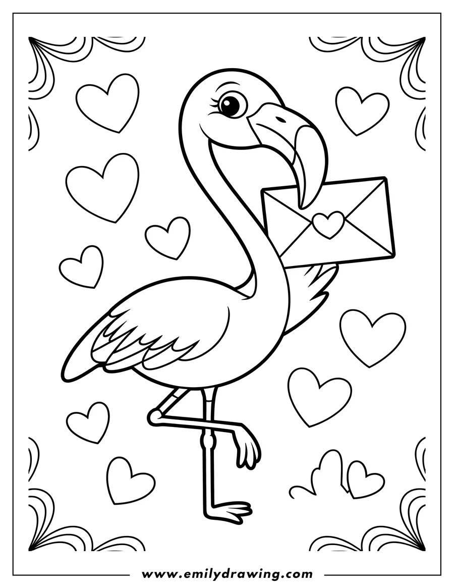 Line art of a flamingo holding an envelope with a heart on it, surrounded by hearts.