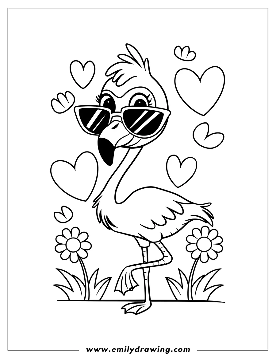 Outline of a flamingo wearing sunglasses, standing near flowers and hearts.