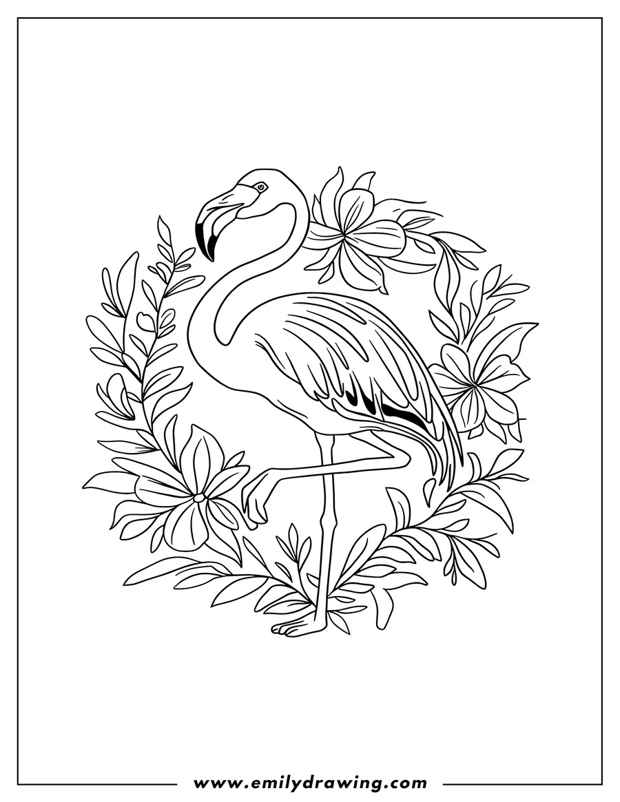 Outline of a flamingo standing on one leg amidst tropical flowers and leaves.