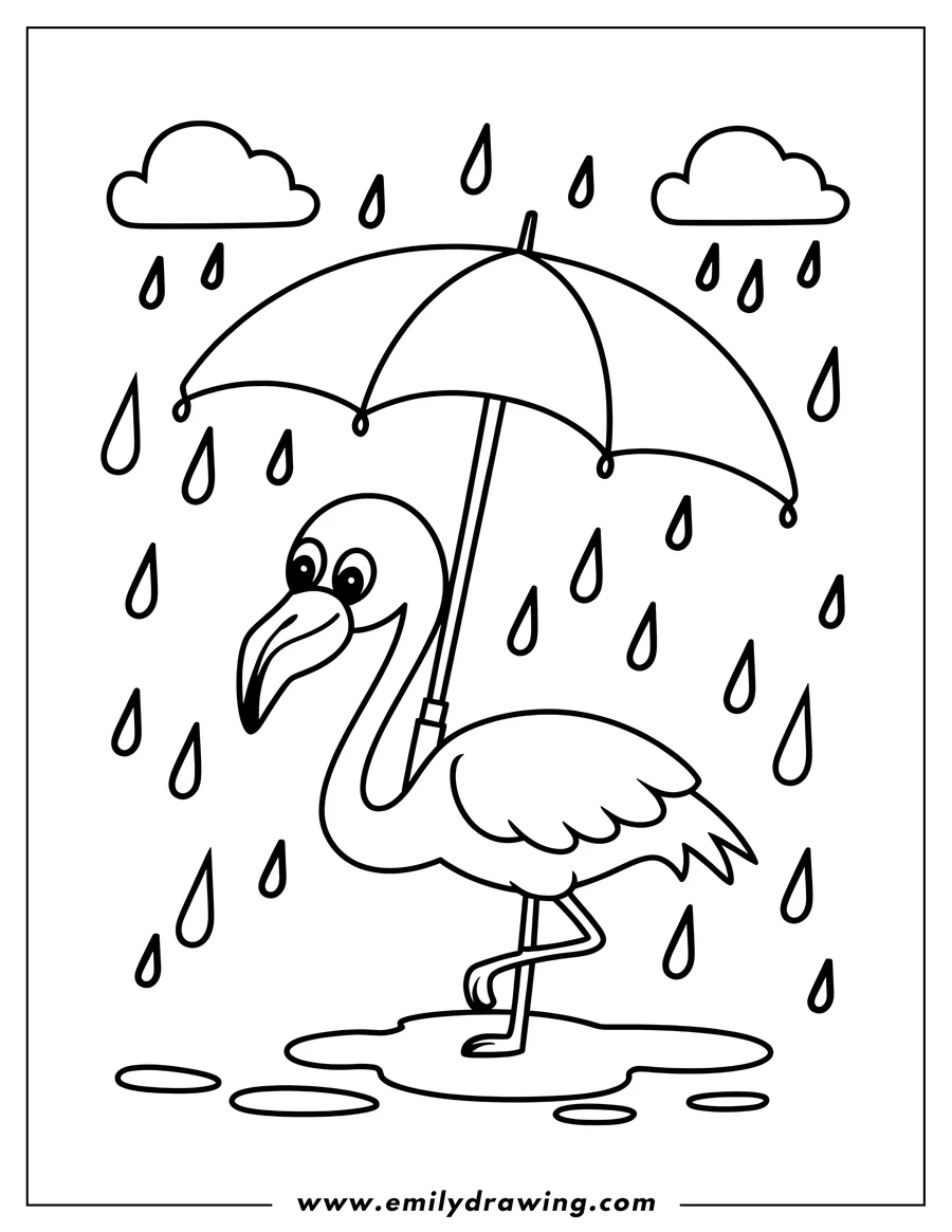 Outline of a flamingo holding an umbrella in the rain.  There are puddles at its feet.