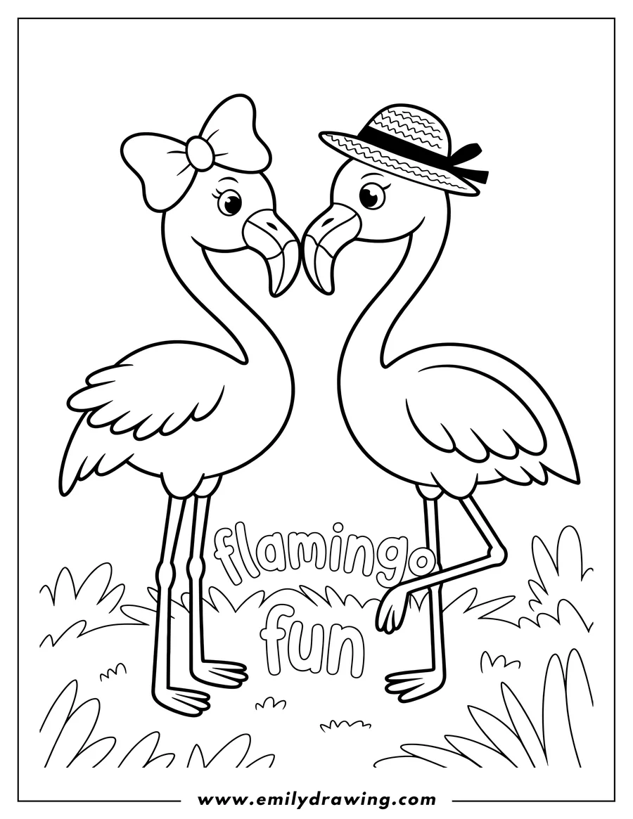 Outline of two flamingos standing close together in the grass. One flamingo has a bow, the other has a hat.