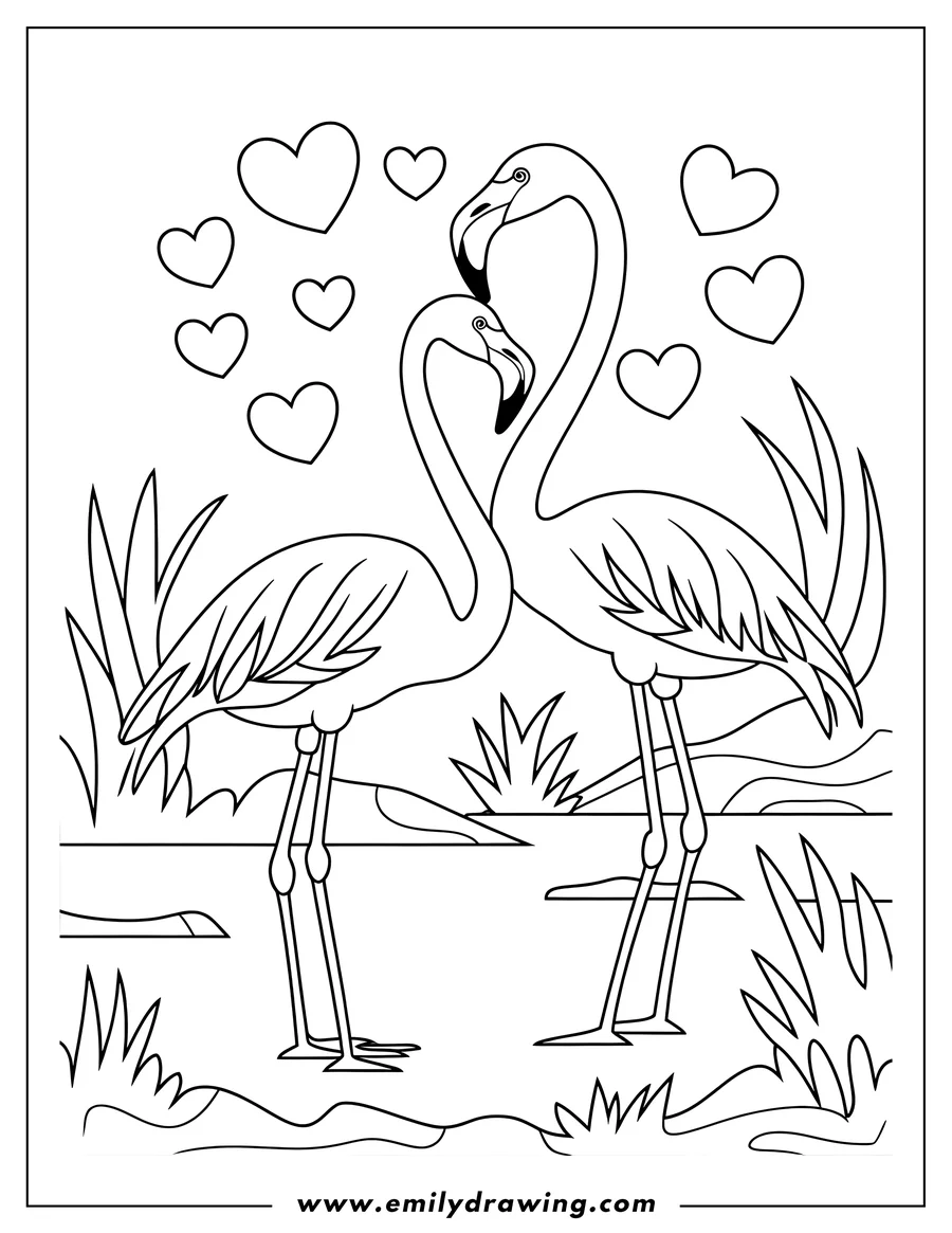 Two flamingos stand close together, their necks curved in a heart shape, surrounded by floating hearts.