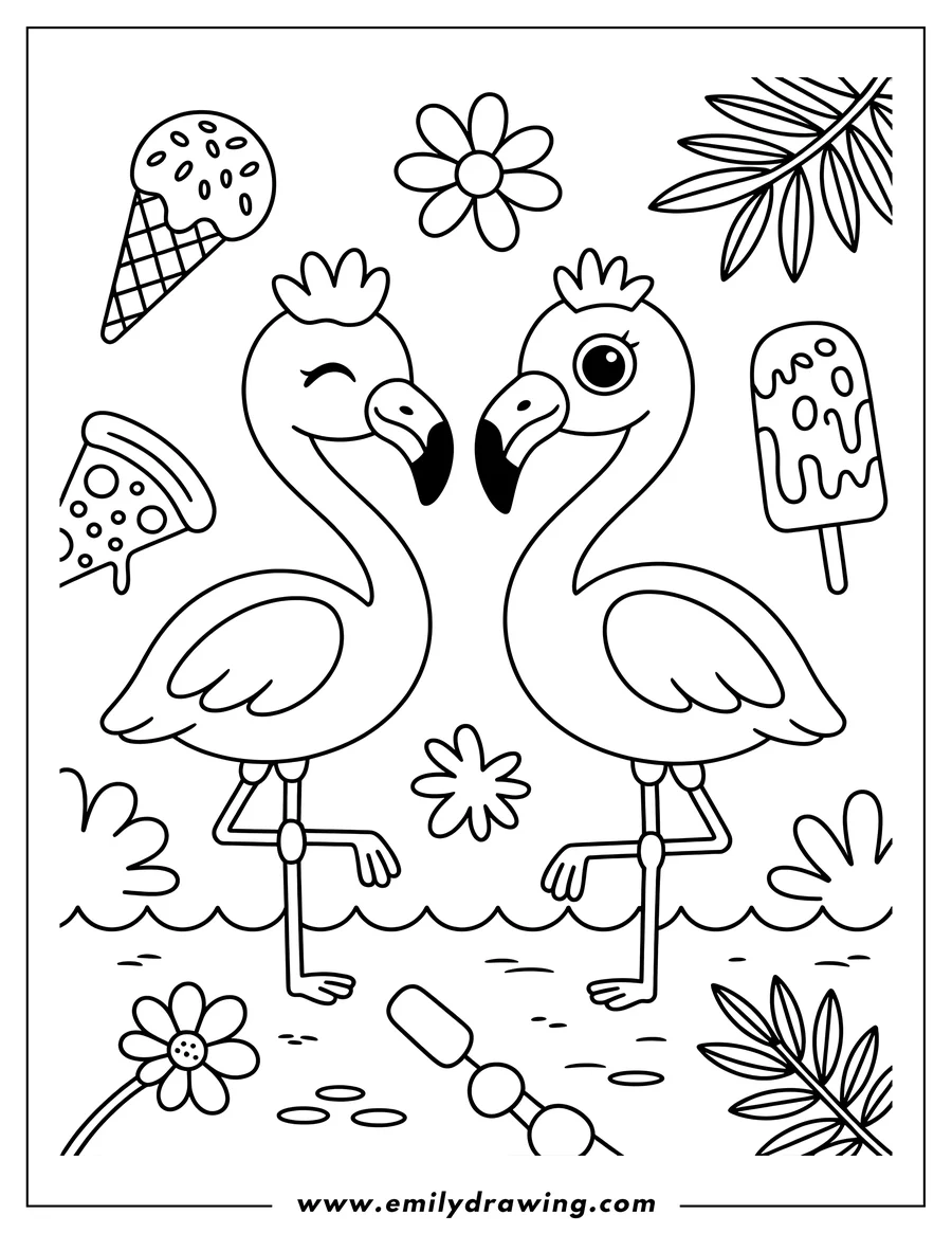 Two flamingos wading in shallow water with flowers, ice cream, pizza, and tropical leaves.