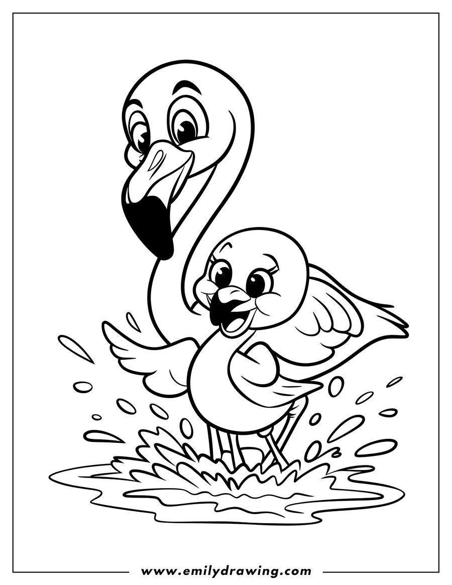 Outline of two cartoon flamingos splashing in shallow water.  The larger flamingo stands behind a smaller, baby flamingo.