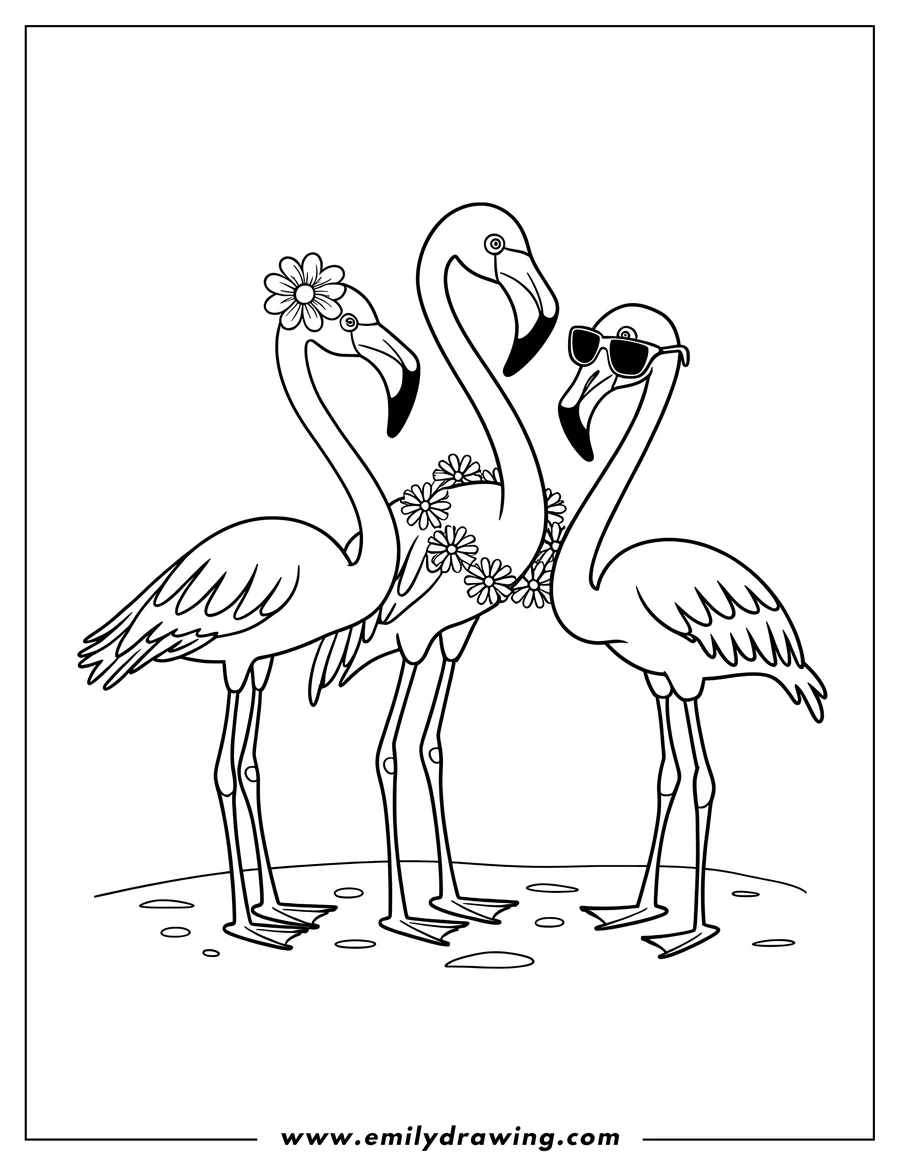 Outline of three flamingos. One wears sunglasses, one has a flower crown, and the third has a single flower on its head. They stand on a simple ground.
