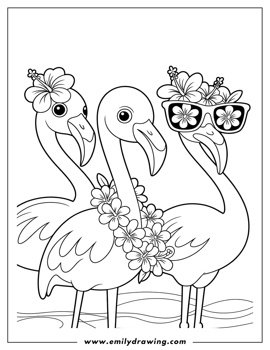 Outline of three flamingos adorned with flowers. One flamingo has a flower on its head, another wears a flower lei, and the third sports sunglasses decorated with flowers.