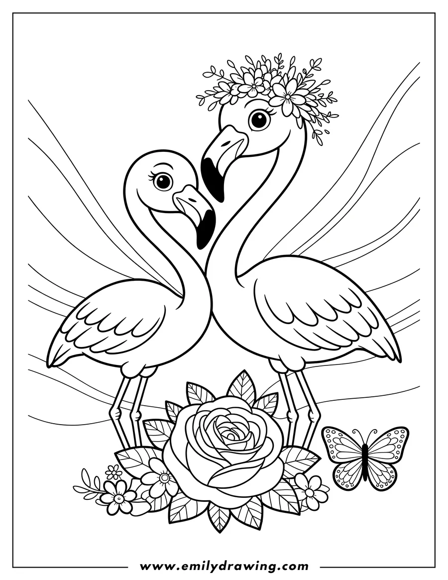 Outline of two flamingos standing near a large rose and a butterfly. One flamingo has a flower crown.