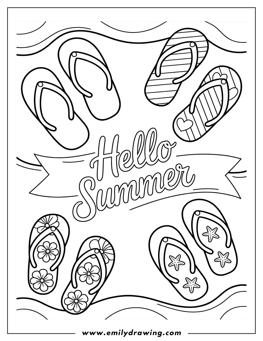 Outline of several pairs of flip-flops with different patterns, including plain, striped, floral, and starfish designs. The words 'Hello Summer' are written in a banner across the middle.