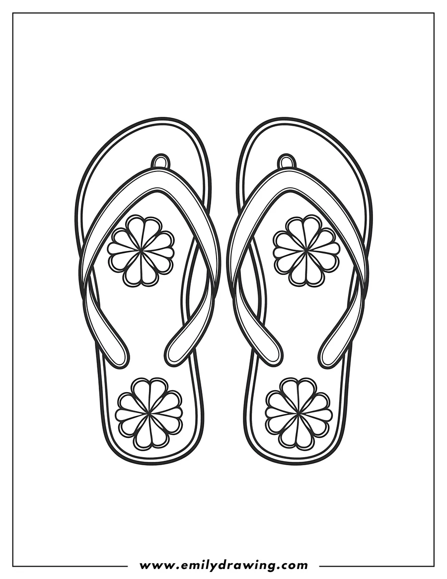 Outline of a pair of flip-flops decorated with simple flower designs.
