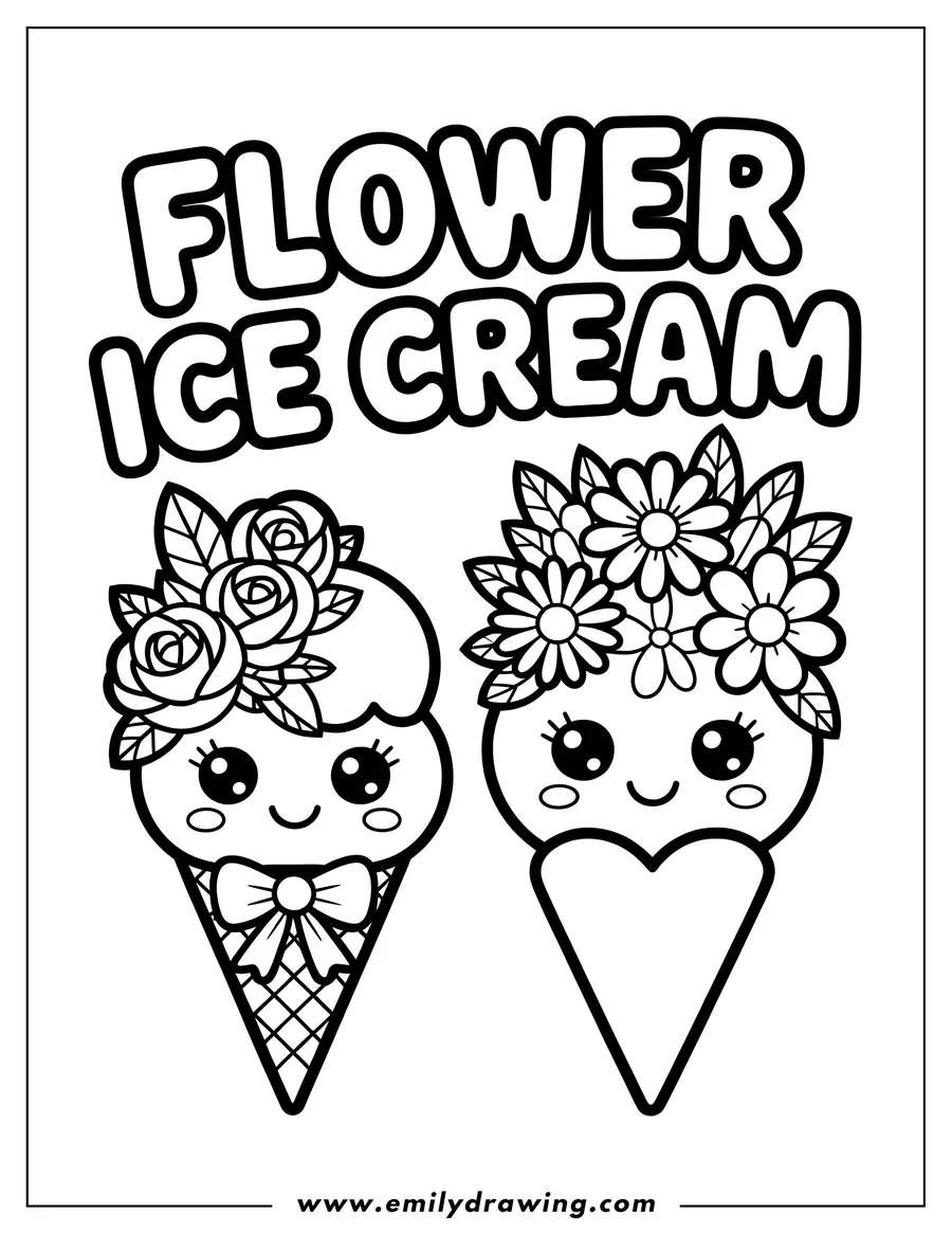 Line art of two kawaii ice cream cones decorated with flowers. One cone has roses, the other daisies, and both have cute smiling faces.
