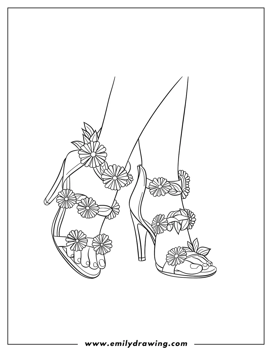 Line art of a pair of sandals decorated with flowers and leaves.