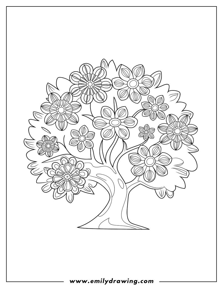 Line art of a tree covered in various stylized flowers.