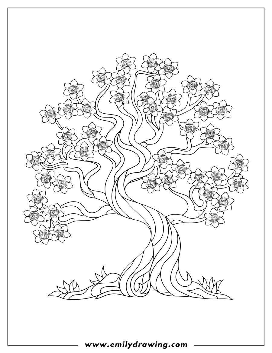 Line art of a flowering tree with a thick, curved trunk and many blossoms. Tufts of grass grow at the base.