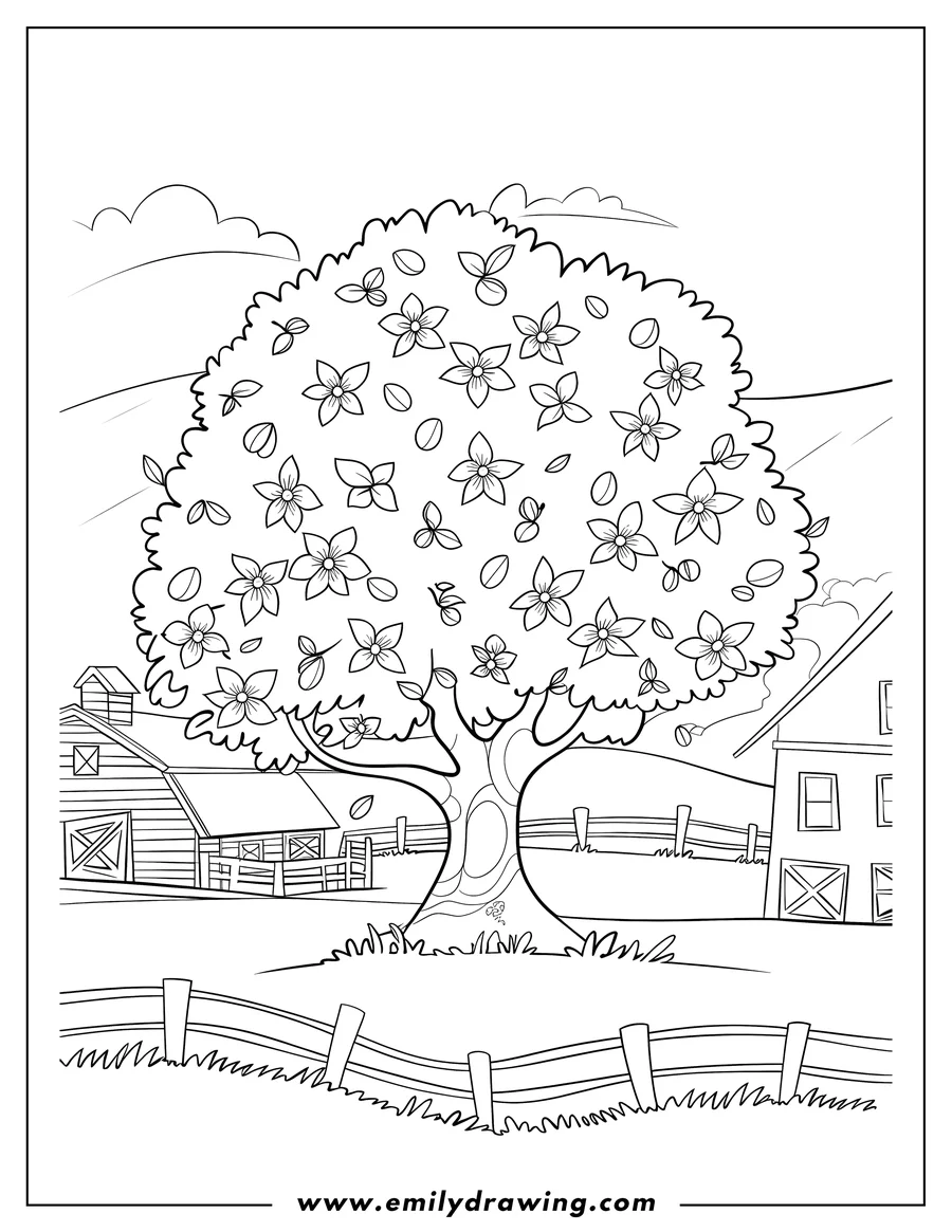 Outline of a flowering tree with a farm in the background, including barns and fences.