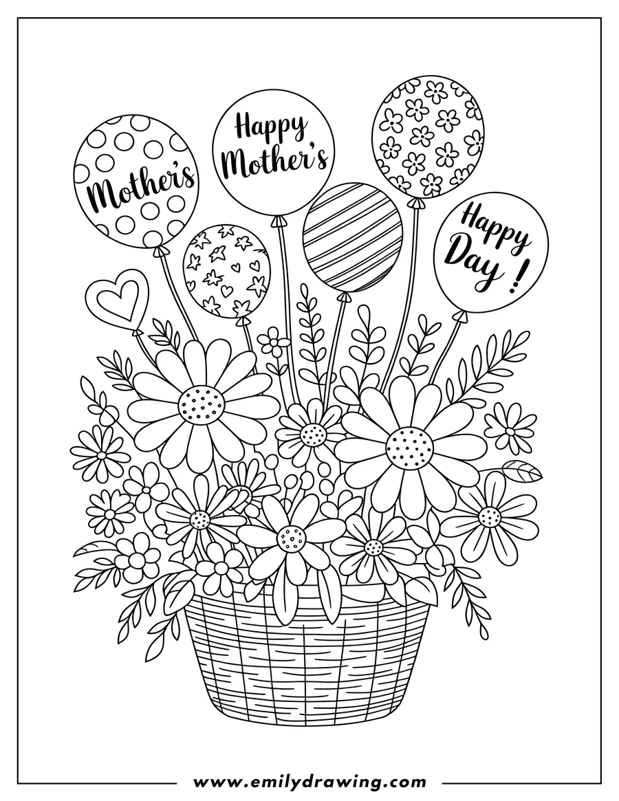 Line art of a basket of flowers with Mother's Day balloons.