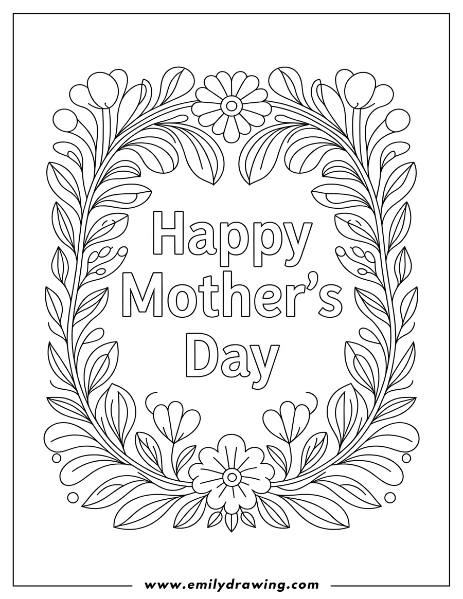Outline of a decorative frame of flowers and leaves surrounding the words