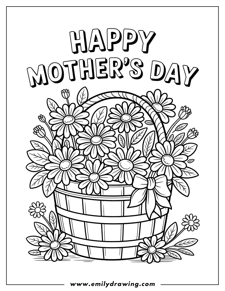 Line art of a basket of flowers with a bow. Happy Mother's Day is written above the basket.