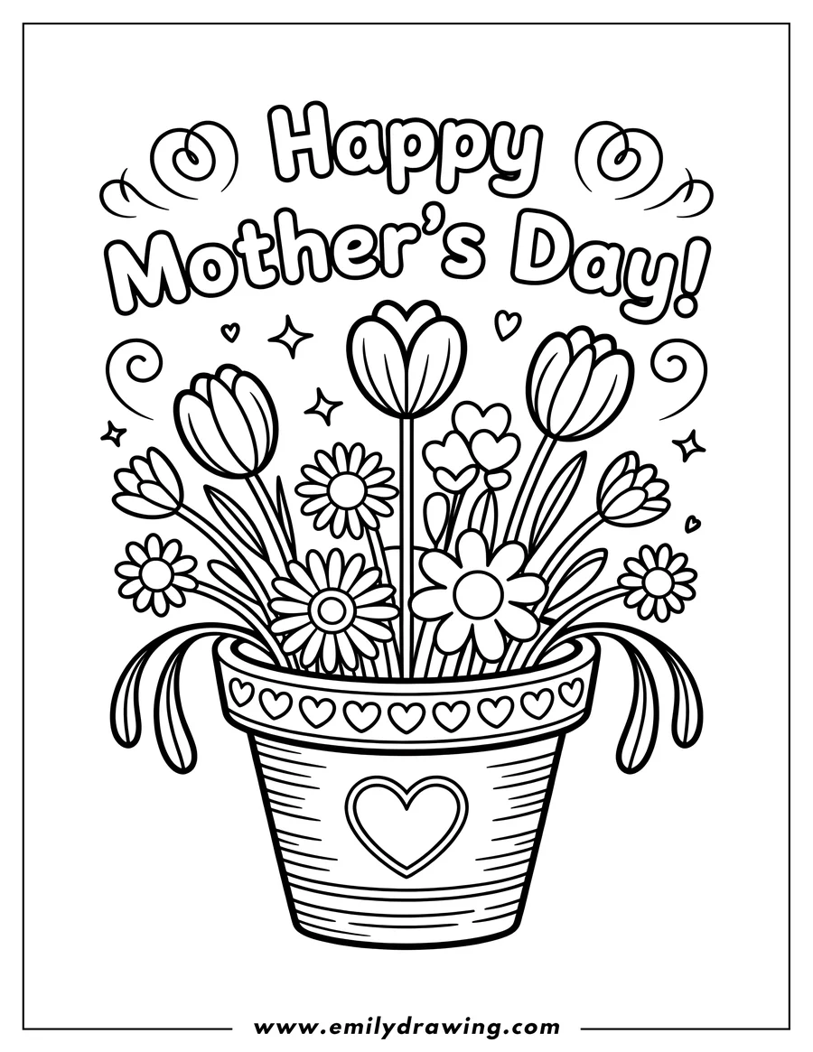 Line art of a flower bouquet in a decorated pot with hearts, with 'Happy Mother's Day' written above.