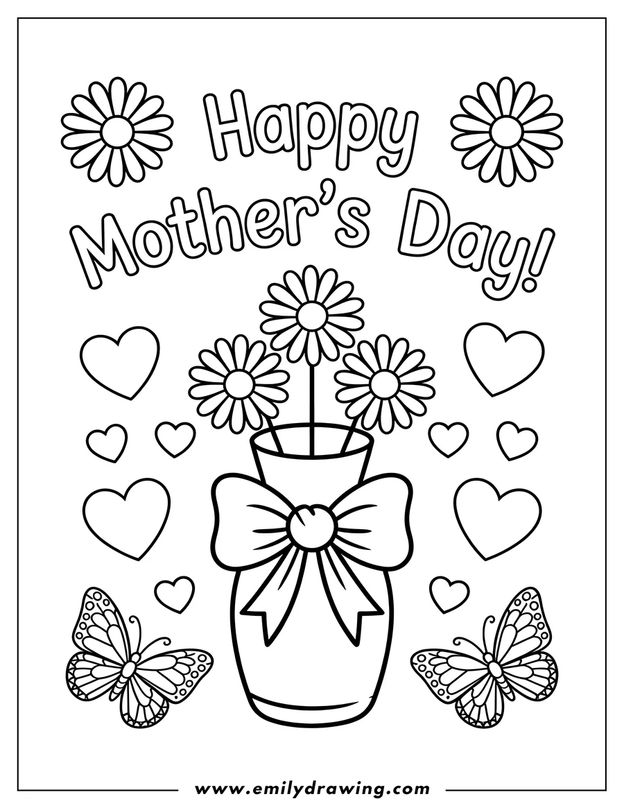 Outline drawing of three daisies in a vase decorated with a bow, surrounded by butterflies and hearts, with