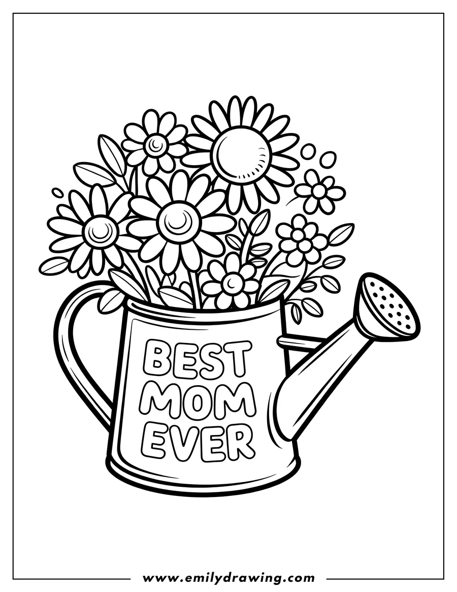 Line art of a watering can filled with various flowers and leaves. The can has 'Best Mom Ever' written on it.