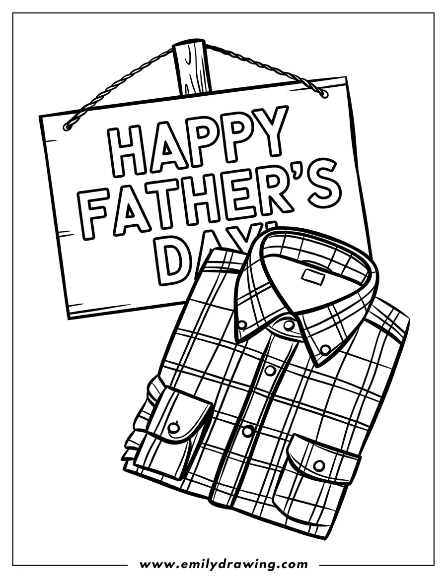Line art of a folded plaid shirt and a sign that reads 'Happy Father's Day'.