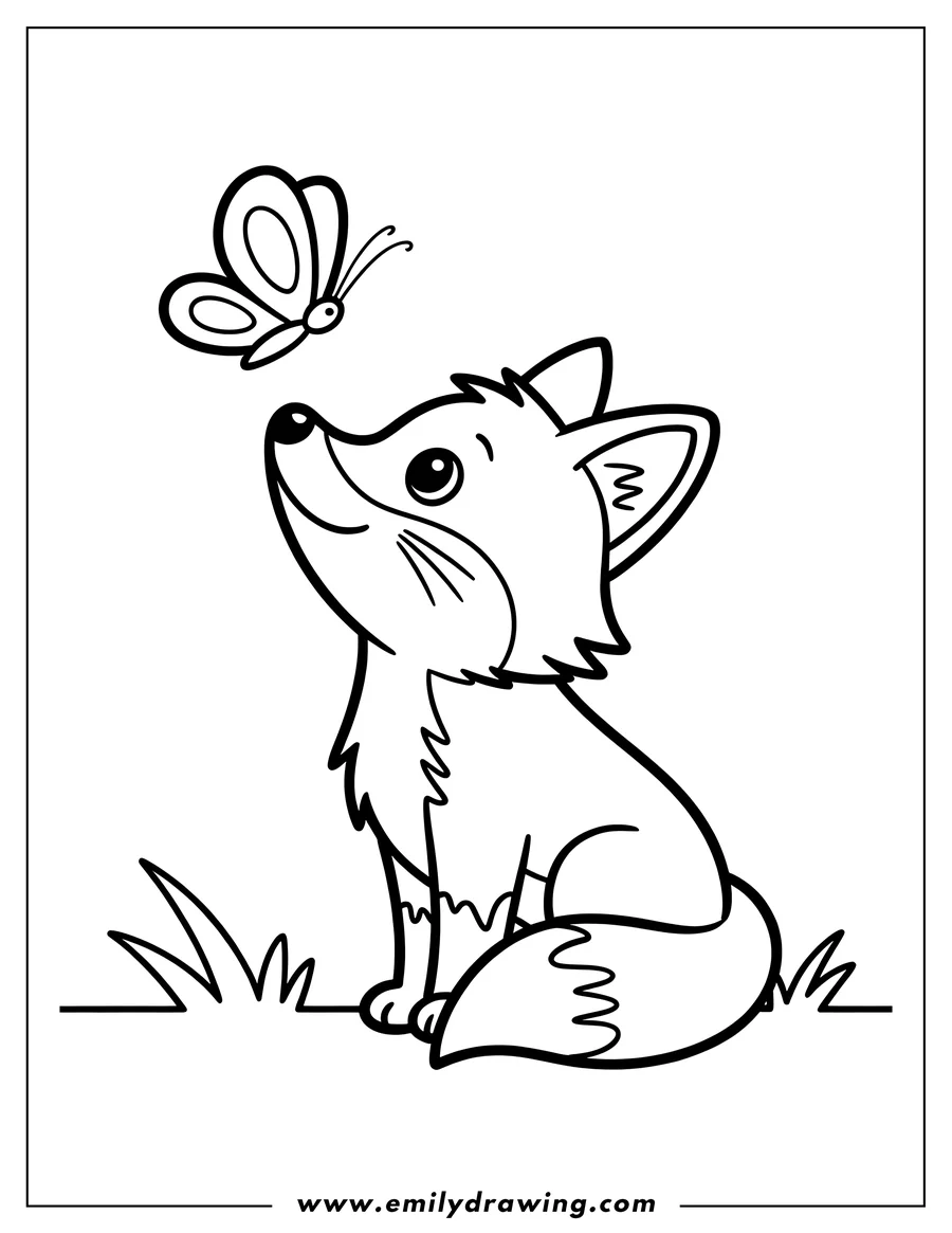 Outline of a fox looking up at a butterfly, sitting in the grass.