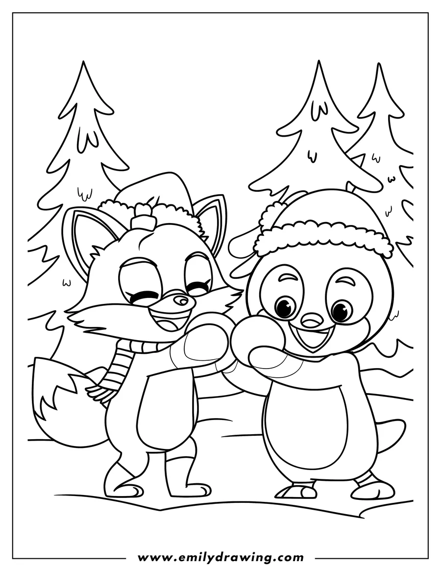 Line art of a fox and a penguin wearing winter hats, standing together in a snowy landscape with trees.