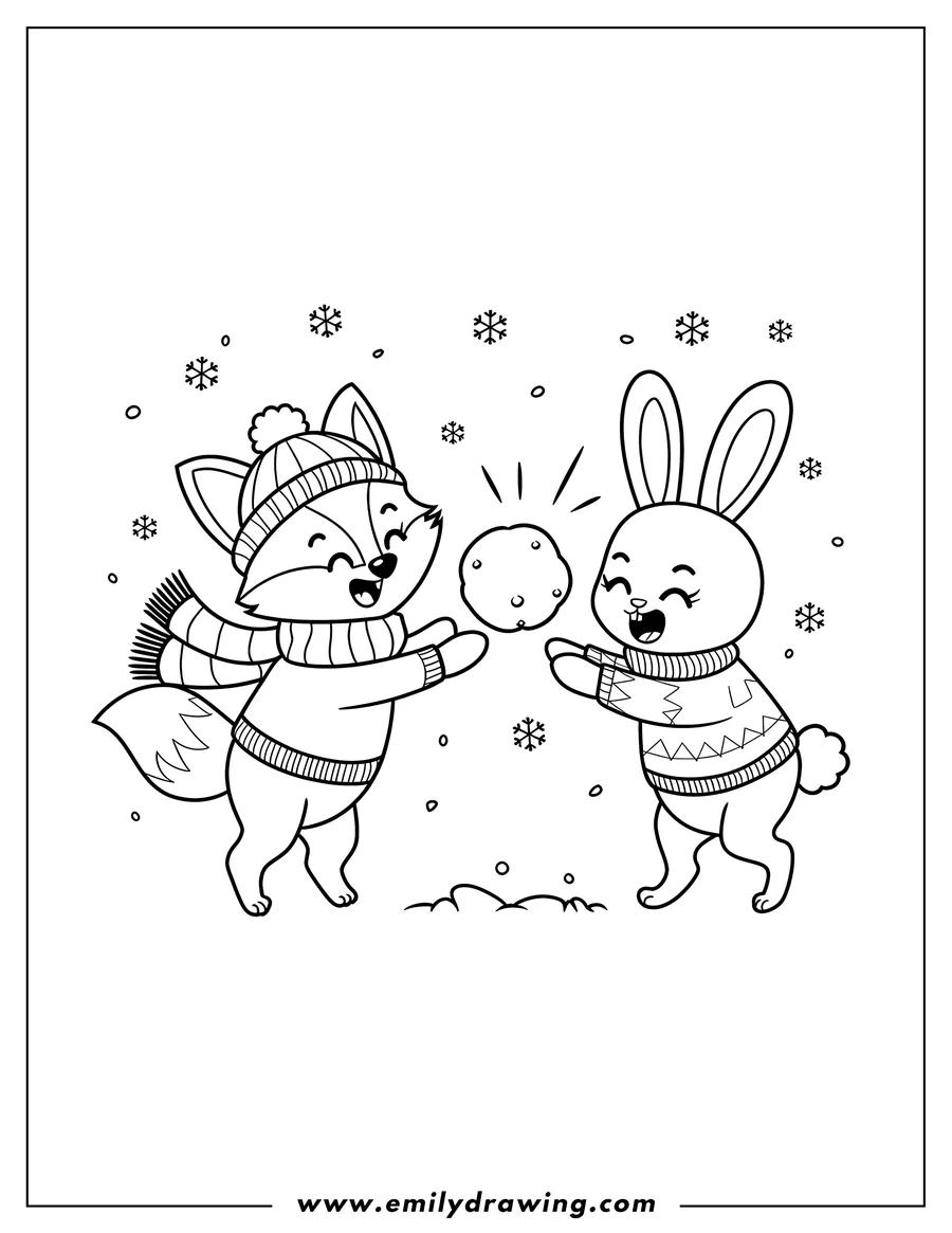 Outline of a fox and rabbit playing with a snowball in the snow. They are both wearing winter clothes and look happy.