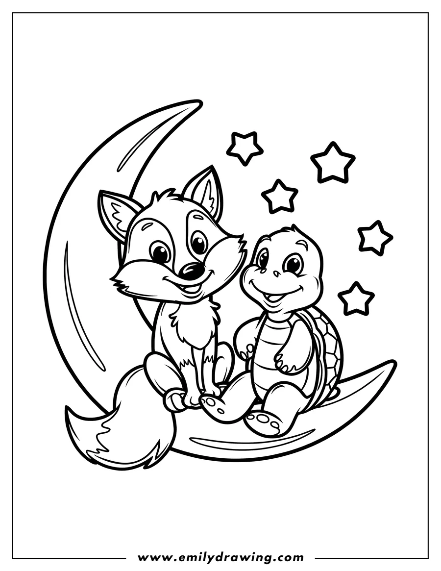 Outline of a fox and a turtle sitting together on the crescent moon, surrounded by stars.