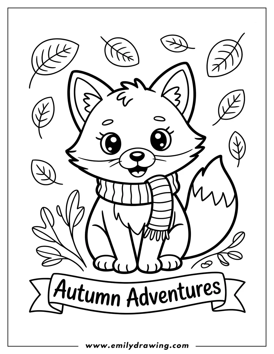 Outline of a fox wearing a striped scarf, sitting beneath falling autumn leaves, with an