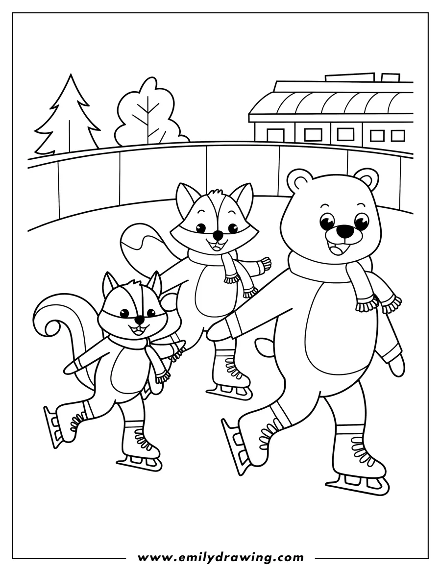 Outline of a fox, bear, and squirrel ice skating at an outdoor rink. They are wearing scarves and skates. Trees and a building are visible in the background.