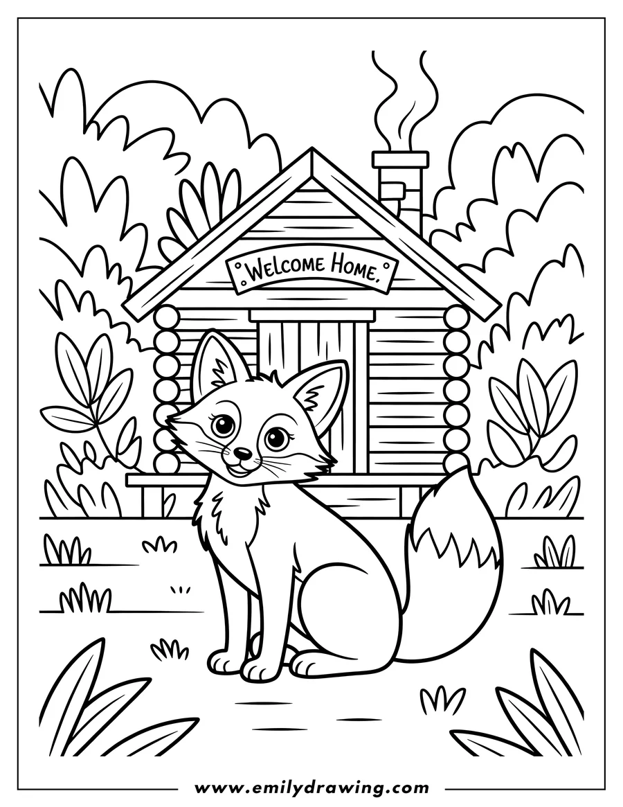 Outline of a fox sitting near a small cabin with