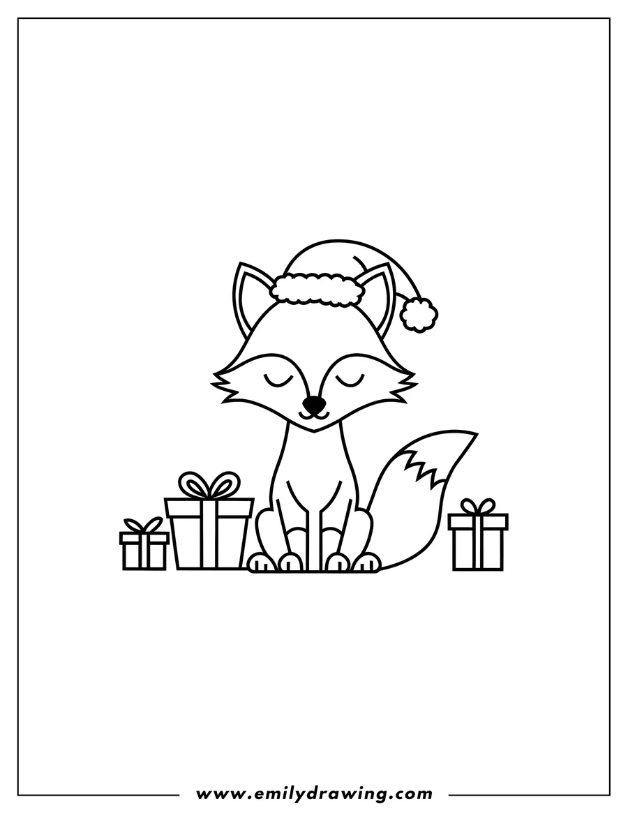 Outline of a fox wearing a Santa hat and sitting with Christmas presents.