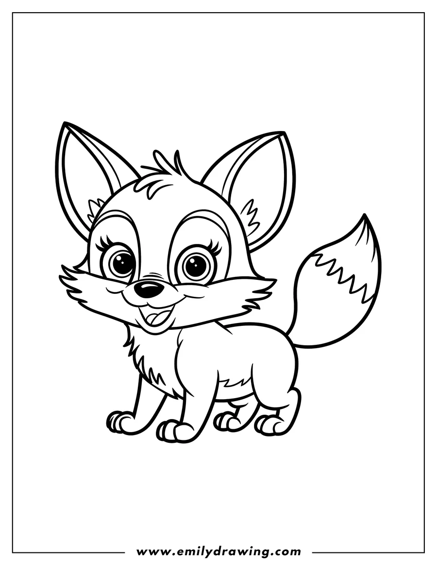 Outline of a young fox with large eyes and a bushy tail.